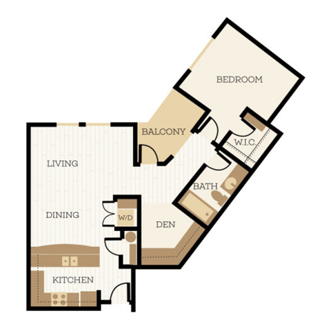 Floor plan for 1 bed, 1 bath, 888 sqft